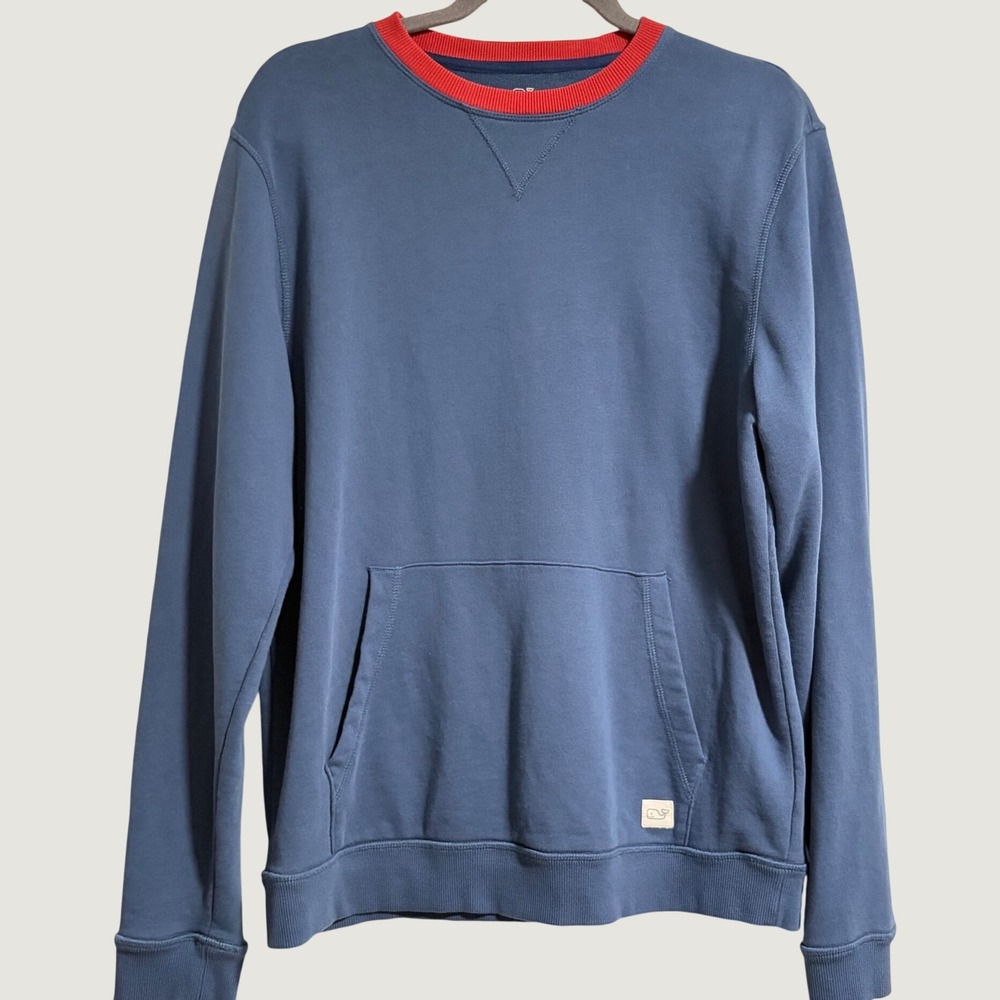 Vineyard Vines Mens XL Blue Crewneck Sweatshirt Red Collar Kangaroo Pocket Whale